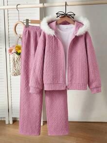 SHEIN 青少年女孩泰迪羊毛提花连帽拉链夹克和宽松长裤两件套 - 卡其色 - 查看 9