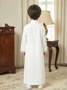 Tween Boy Casual Retro, Retro Printed, Loose Fit Long Shirt, Arabic Style, Suitable For Spring/Summer - White - View 2