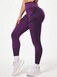 Seamluxe SHEIN Sport Women's Striped High Waist Casual Fitness Leggings - Purple - View 4