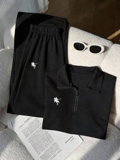 SHEIN 2pcs/Set Girls Casual Hoodie Set, Gray Contrast Collar Zip-Up Short Sleeve Cropped Sweatshirt Paired With Loose Fit Comfortable Pants, Front Embroidery Design, Suitable For Outdoor, Indoor, Sports, Party, School, Spring/Summer/Autumn