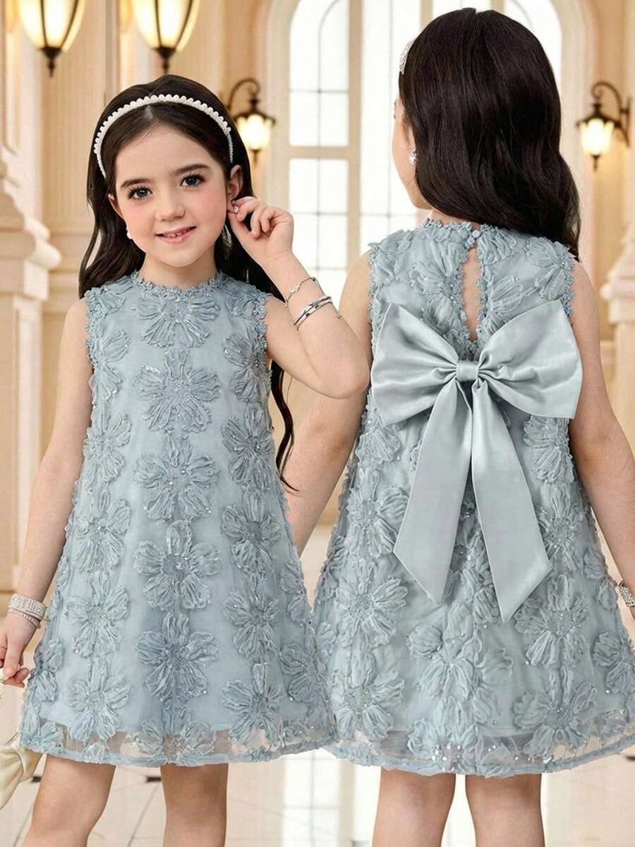 SHEIN One-Piece Young Girl Sleeveless Round Neck Solid Color Back Big Bow Decor A-Line Lace Embroidered Dress, Cute & Elagant & Sweet & Vintage & - Blue - View 1