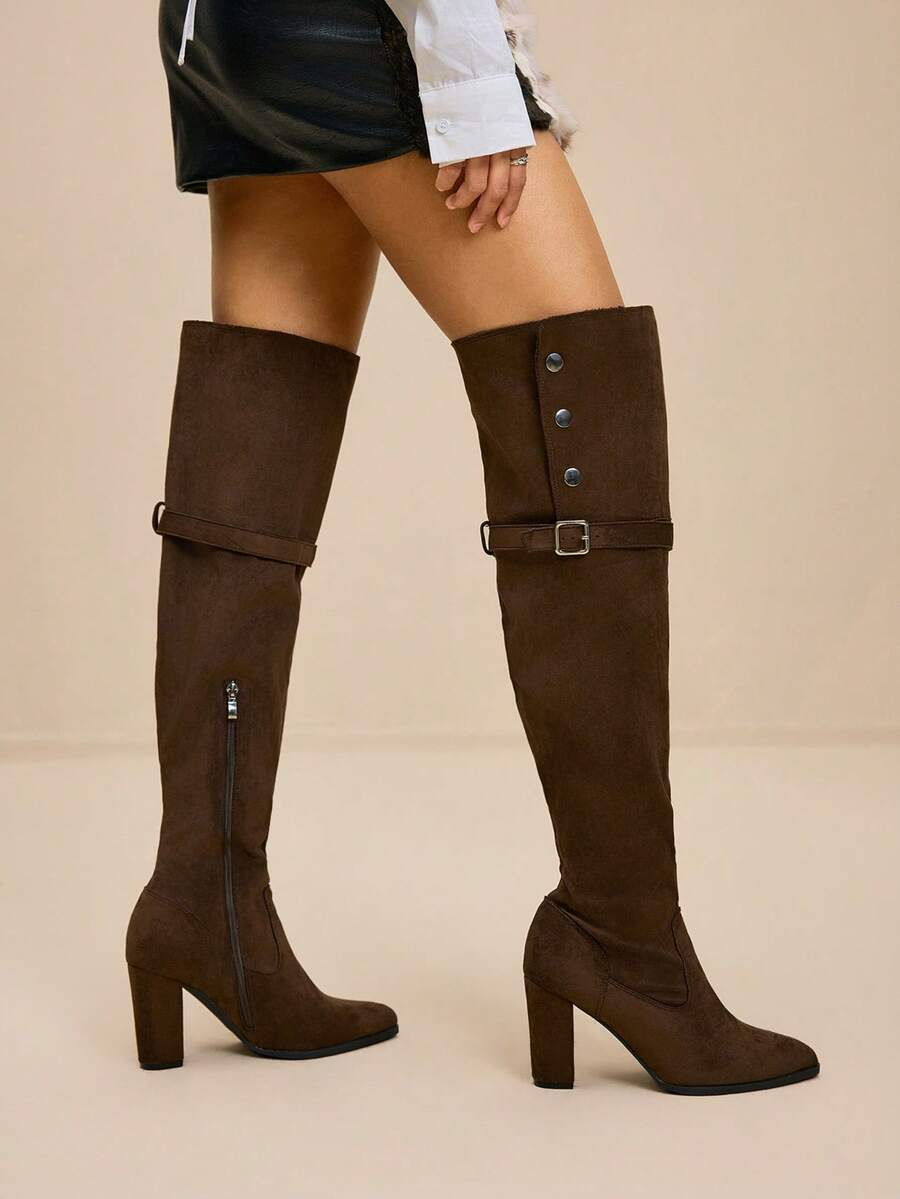 Daringsoles Giày bốt cao đến đầu gối đế dày, đa năng, phù hợp cho nữ, thích hợp đi làm. - Nâu rỉ sét - Xem 1