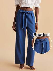 Travachic 女士休闲系带阔腿牛仔裤 - 中等水洗藍 - 查看 1