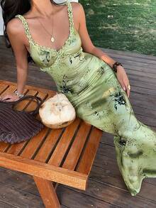 Sunnyshic Women's Summer Dress: Casual Carnival Printed Pattern Beach Vacation Party Maxi Dress - Green - View 5