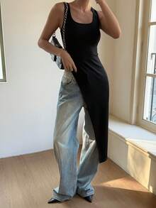 Livesso Women's Asymmetric Hem Casual Sleeveless Top, Suitable For Music Festival, Valentine's Day, Street Style, Vacation, Spring/Summer - Black - View 2