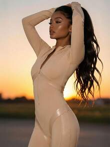 Innovista Women's Stand Collar Zipper Fitted Daily Outdoor Ski Jumpsuit, Long Sleeve - Coffee Brown - View 7