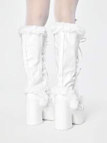 ROMWE Women's Autumn/Winter New High-Value Tall Boots, Round Toe Thick Heel Super High Heel Punk Sexy Furry Boots, Thick Sole High Heel Long Boots - White - View 5