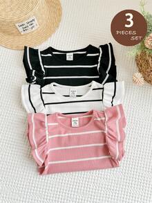 LMoss Kids 3件套女童针织条纹圆领修身上衣套装 - 彩色 - 查看 1