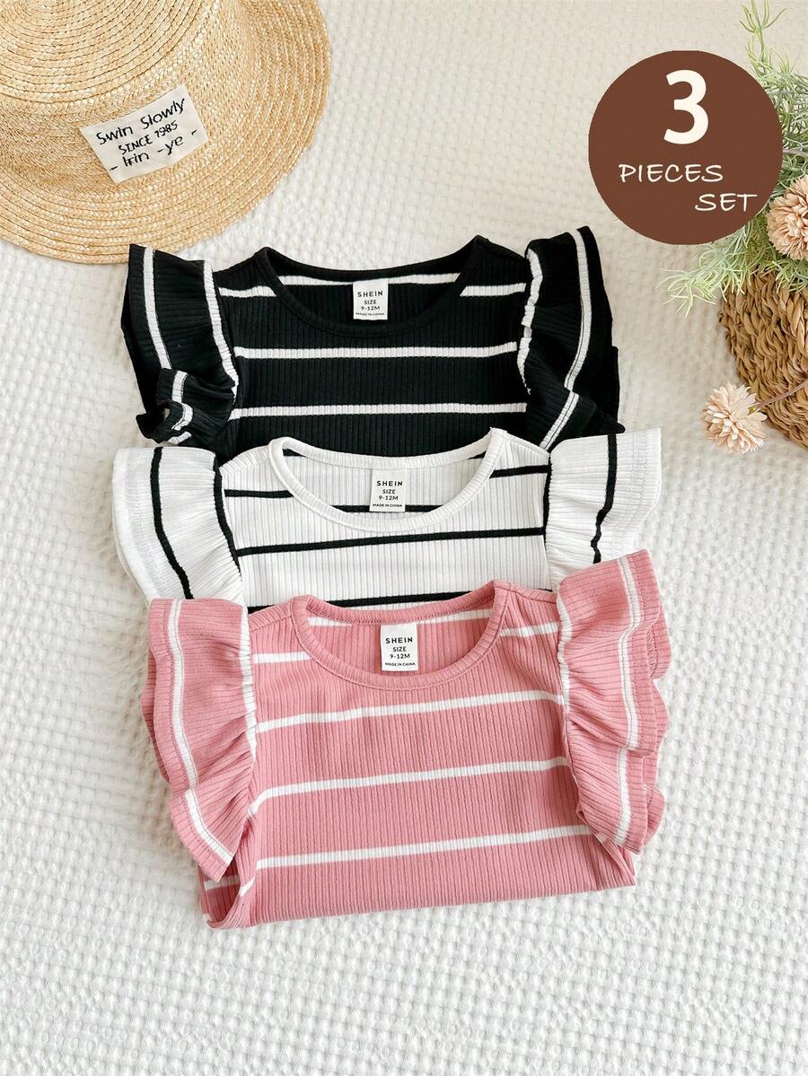 LMoss Kids 3件套女童针织条纹圆领修身上衣套装 - 彩色 - 查看 1
