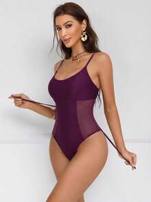 Shapewave Áo tắm liền thân nữ bằng vải lưới phối nhiều mảnh, có dây rút, ôm bụng, nâng ngực, màu đen, cổ tròn. - Màu đỏ tím - Xem 8