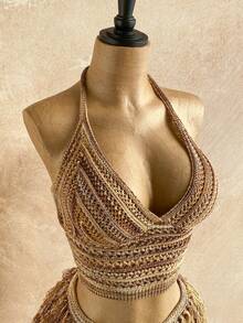 Soleia 女士V领露背系带露脐上衣搭配流苏迷你裙两件套，适合派对、圣诞节、约会、夜店、波西米亚风、度假、秋季等场合。 - 彩色 - 查看 5