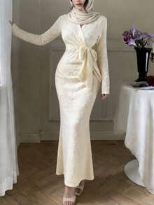 DAZY 纯色修身系带长袖V领优雅派对连衣裙，适合女士，春秋季穿着。 - 米色 - 查看 8