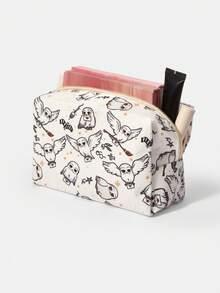 HARRY POTTER X SHEIN 1个卡通图案绗缝化妆包，便携式拉链化妆品收纳袋，多功能储物袋，轻便旅行包，男女通用 - 米色 - 查看 4
