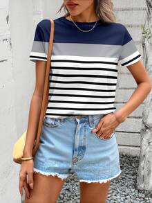 SHEIN LUNE Casual Striped Colorblock Round Neck Loose Short Sleeve T-Shirt For Women, Suitable For Spring/Summer - Multicolor - View 4