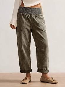 Bohemela Women's Casual Solid Color Woven Loose Low Waist Pants, Autumn/Winter Boho Style - Army Green - View 4