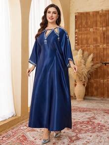 Al Najma Plus Size Lace-Up Hollow Out Shiny Graphic Print Dress Kaftan Jalabiya Dress - Blue - View 5