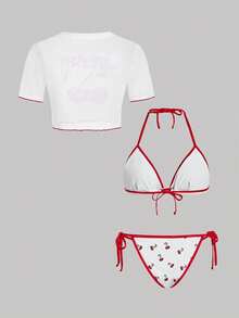 SHEIN MOD Conjunto de Maiô Bikini Sexy com Top de Manga Curta e Amarração no Pescoço, Estampa de Cereja, Praia de Verão - Vermelho e Branco - Visão 3