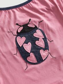 ROMWE Vintage Cute Ladybug Pattern Embroidered Spaghetti Strap - Pink - View 3
