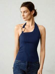 Uhlyne Uhlyne Camisolas de mujer de verano con cuello de halter, de costilla, con hebilla metálica, tops de mujer con cuello de halter, tops de mujer con cuello de halter, blusas azul marino para mujer, blusas con cadena para mujer, blusas de mujer, blusas informales para mujer, blusas de verano para mujer - azul real - Ver 5