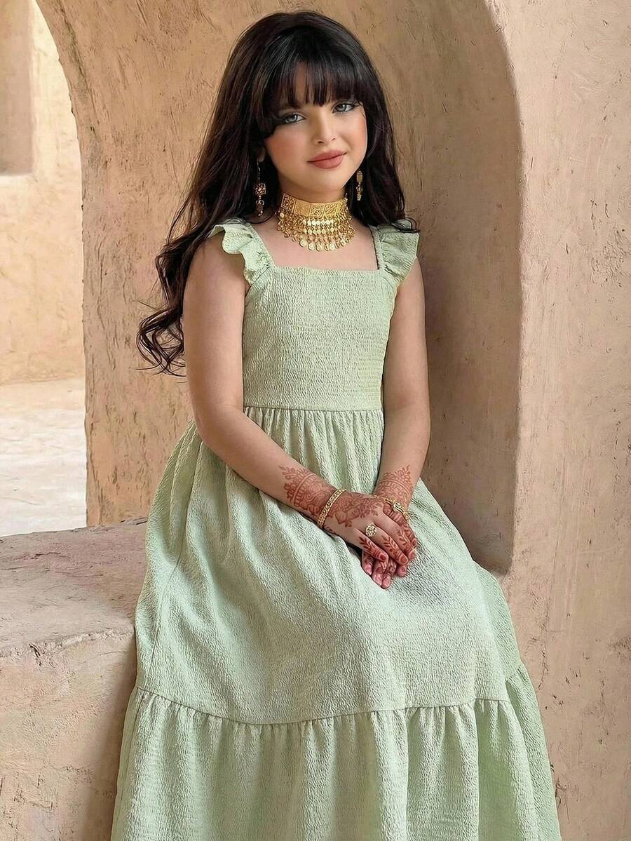 SHEIN 少女款梭织印花方领短袖连衣裙，夏季连衣裙，碎花连衣裙，短袖，方领，母女装绿色长裙 - 綠色 - 查看 1