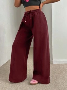 EURMUSE Women Loose Fit Front Stitch Detailed Sweatpant Pant - Burgundy - View 5