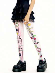 ROMWE Anime 1 双潮清凉甜美凉风音乐符号苹果猫印花长筒袜女式长筒袜连裤袜 - 白色1 - 查看 3