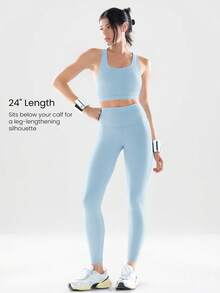 GLOWMODE 2 Pieces Powersculpt™ Sweat-Wicking Cool Feel Crisscross Back Wide Straps Sports Bra & 24" Leggings Set High Impact Workout Running Spring - Baby Blue - View 6