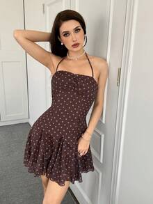 Modelyn Vintage Romantic Brown Polka Dot Halter Waist Cinched Chiffon Mini Dress For Women Ruched Backless Sleeveless Vacation Summer - Multicolor - View 6