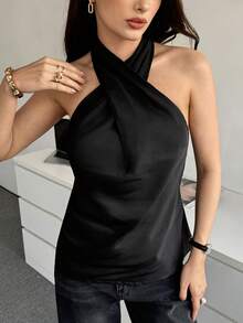 Modelyn 女士性感交叉缎面垂褶肩带修身吊带背心 - 黑色 - 查看 4