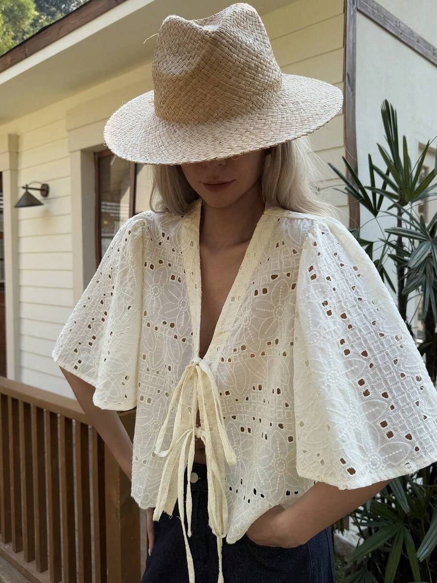 Women's Solid Color Textured Embroidered Loose Short Flare Sleeve Tie Front Casual Holiday Spring/Summer Blouse Boho - Apricot - View 1