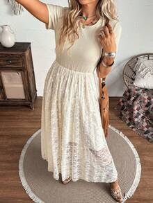 LanaWest Women's Spring/Summer Western Style Apricot Textured Knit Patchwork Lace Hem A-Line Dress - Apricot - View 5