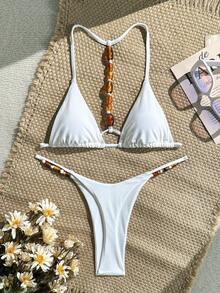 Swim SXY Conjunto de bikini brasileño de mujer con cuello halter, espalda cruzada con cuentas y textura de unicolor, adecuado para vacaciones en la playa, primavera/verano/otoño - Blanco - Ver 4