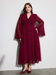 Aveloria Modichic Chiffon Fabric, Wine Red, Elegant Retro, Office Commute, Lightweight, Button Design, Waist-Slimming, Flared Sleeves, Mid-Length Dress, Graceful Long Dress, Flowing Skirt, French Romantic, Lady-Like Style, Spring & Autumn, Slimming Cut, Bohemian Style, High Street Fashion, Stylish Piece, Designed Maxi Dress, Gentle Breeze Plus Size Extra Long Dress - Burgundy - View 5