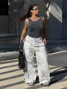 GalTyme 大码女式复古酸洗效果针织连体衣，圆领，无袖，腰部褶饰，修身，夏季 - 黑色 - 查看 6