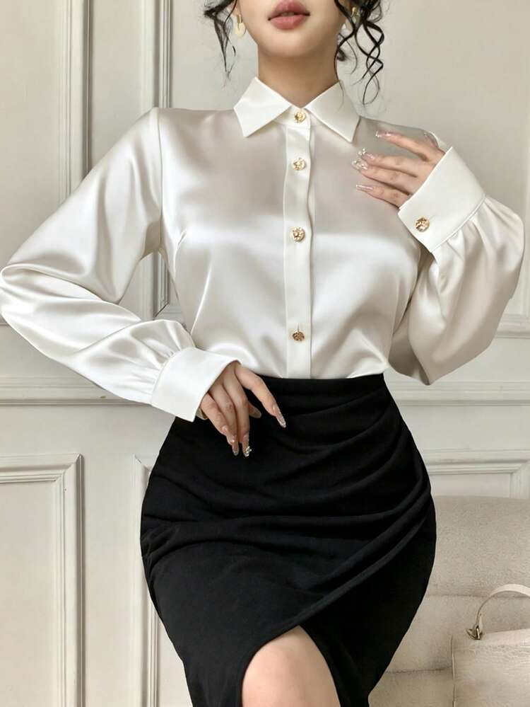Satin Charmeuse Elegant Formal Shirt For Women, Suitable For Parties, Weddings, Banquets, Dances, Fashionable, Slim Fit, Versatile For Spring & Summer