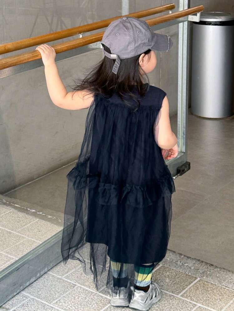 Toddler Girls' Round Neck Mesh Casual Letter Print Sleeveless Dress