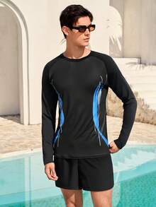 Manfinity VDAYZ Áo chống nắng dài tay cổ tròn in họa tiết tương phản màu sắc dành cho nam - màu đen - Xem 3