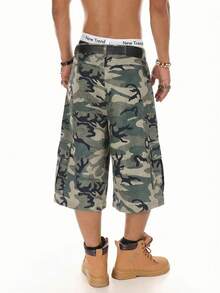 STYNVO Pantalones cortos casuales de media longitud para hombres, estilo callejero, estampado de camuflaje casual y suelto, adecuado para el uso diario, el transporte y el uso en la calle, pantalones cortos cargo con estampado de camuflaje de estilo callejero para hombres - Verde Oliva - Ver 2