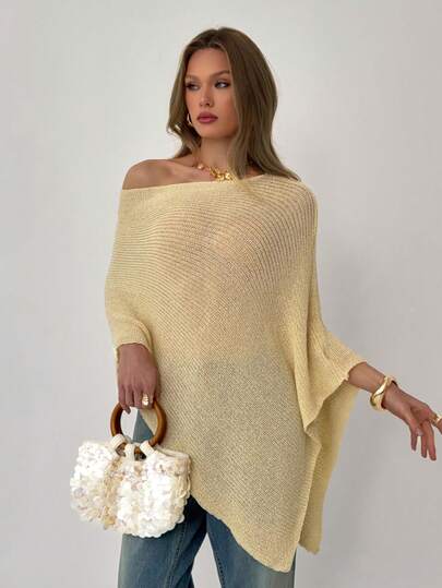 Aloruh Women's New Asymmetric Hem Poncho Top, Shawl Collar, Elegant Commuter Vintage Sweater For Early Spring