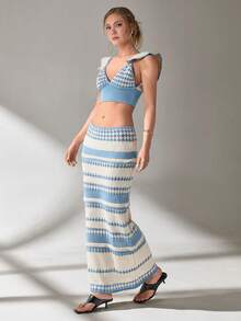 SHEIN Cottnline Women Top And Skirt Openwork Sweater Cover Up Set - Baby Blue - View 5
