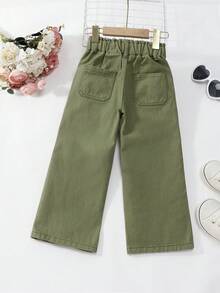 SHEIN Genkimix Kids 少女軍綠色高腰寬腿牛仔長褲，彈性腰抽繩休閒運動褲，時尚百搭夏季薄款牛仔褲 - 綠色 - 查看 2