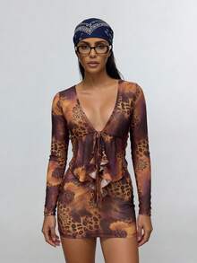 Slouenne Slouenne 女士深V领豹纹荷叶边露背长袖上衣和迷你裙性感两件套，适合约会/派对 - 棕色 - 查看 3