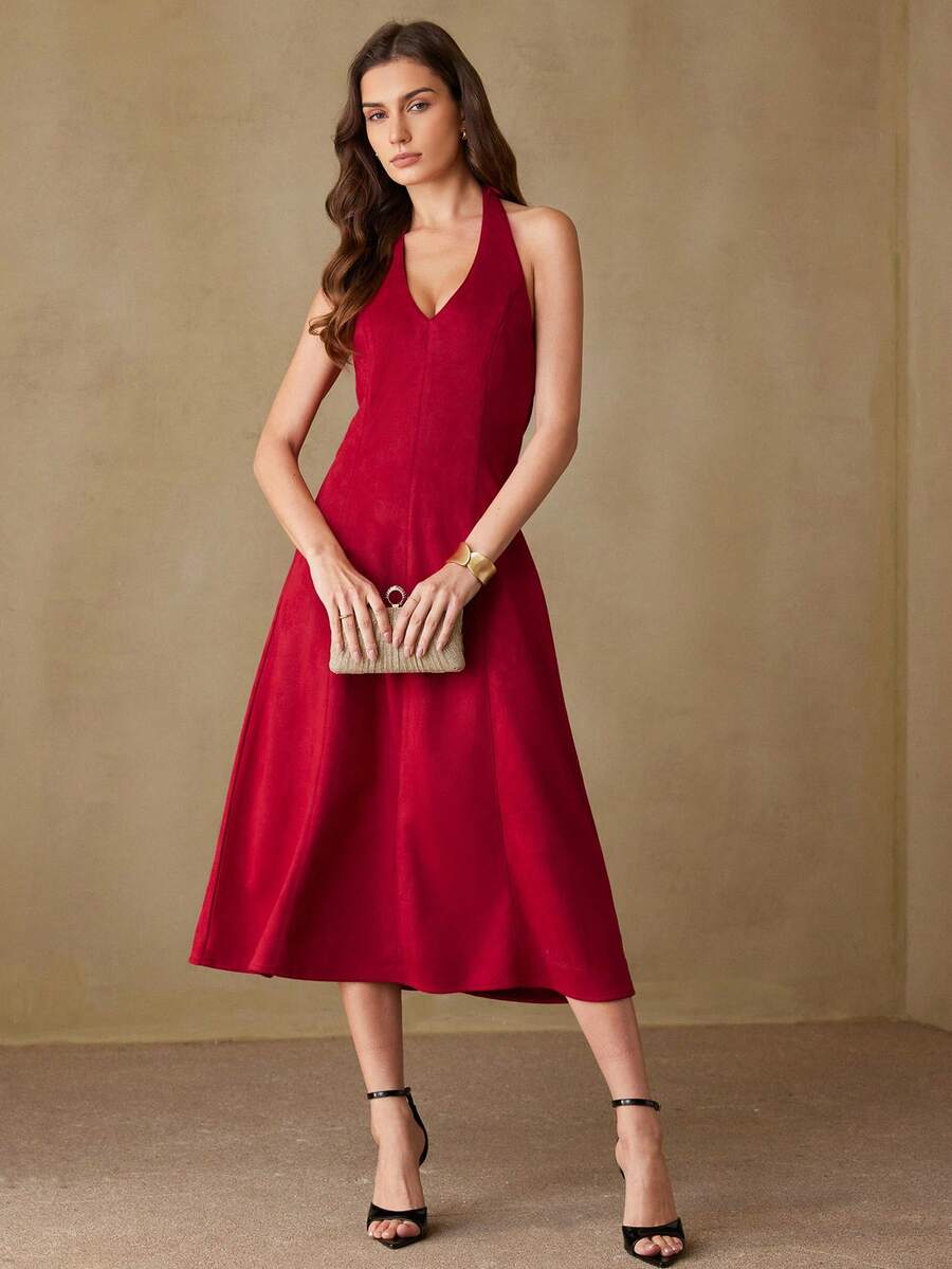 Revavyn Wildleder Stoff, Neckholder Design, schlanke Passform mit Taillenzug, ärmelloses Kleid - Rot - Übersicht 1