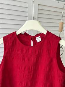 2pcs Tween Girls' Casual Vacation Round Neck Textured Red Butterfly Back Bow Cami Top And Shorts Set - Red - View 3