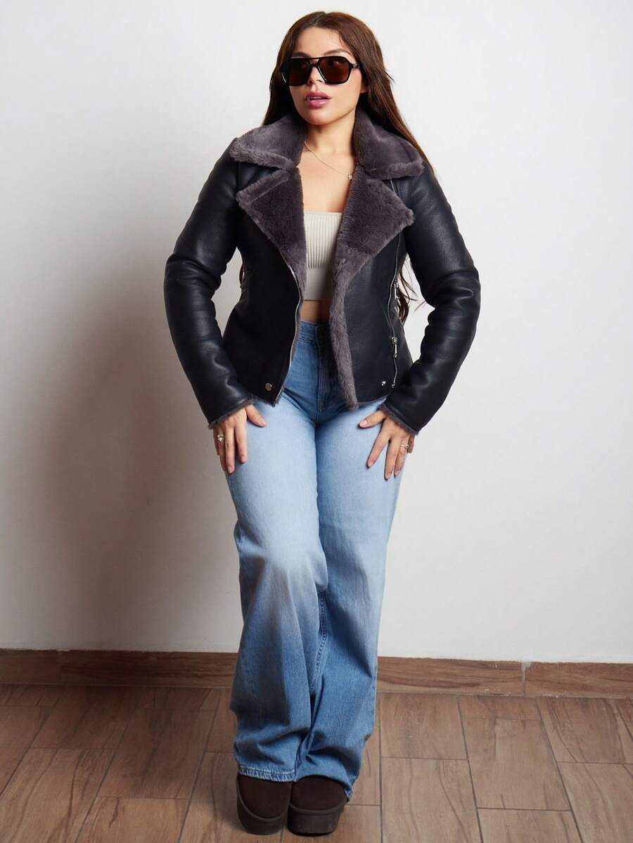 Lupita Cardoza Women's Black PU Leather Composite Faux Rabbit Fur Collar Jacket - Black - View 1