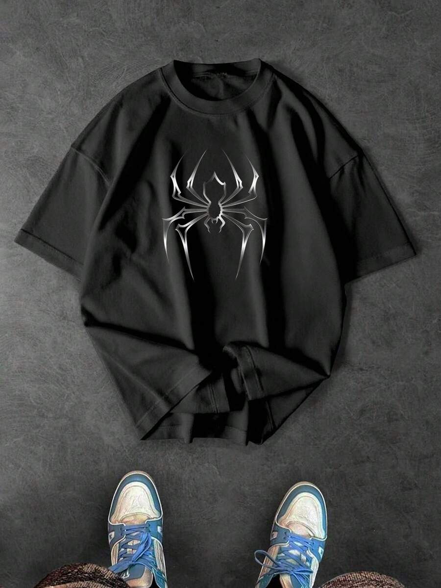 Sport MetroGents Áo thun thể thao nam màu đen dáng rộng, in hình nhện, vai rớt, thích hợp cho mùa hè. - màu đen - Xem 1