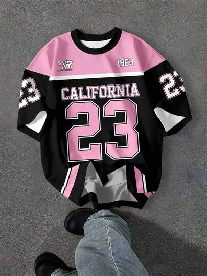 SHEIN EZwear Casual Minimalist Round Neck Short Sleeve Loose Women T-Shirt With Number 23 Print