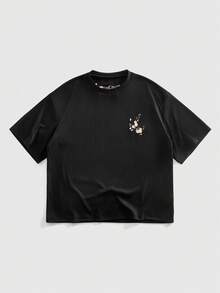 ROMWE MEN Street Life Camiseta de manga corta casual y versátil con cuello redondo y bordado floral para hombre - Negro - Ver 2