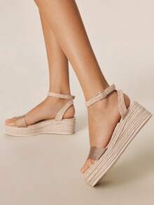 女士厚底坡跟凉鞋，时尚纯色编织休闲厚底坡跟凉鞋，波西米亚复古帆布踝带坡跟凉鞋，西部风格，音乐节派对装扮，度假穿搭，旅行必备 - 香檳色2 - 查看 7