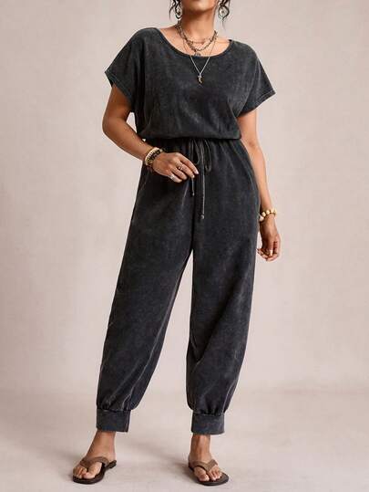 Freevana 迷彩弹力腰带口袋短袖连体裤，加大码